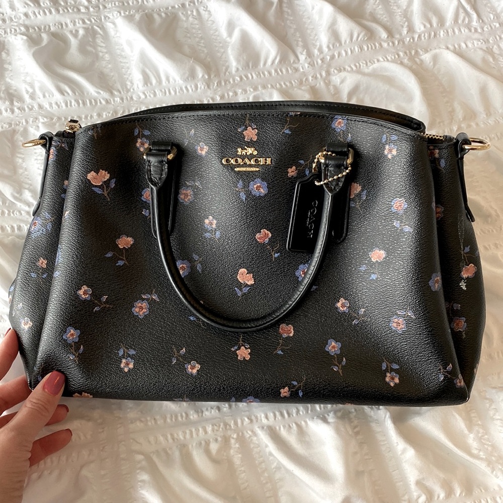 Black floral coach bag purse authentic top handle satchel